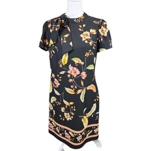 London Times Sheath Dress Womens 12 Black Beige Floral Knee Length Neck Tie Work